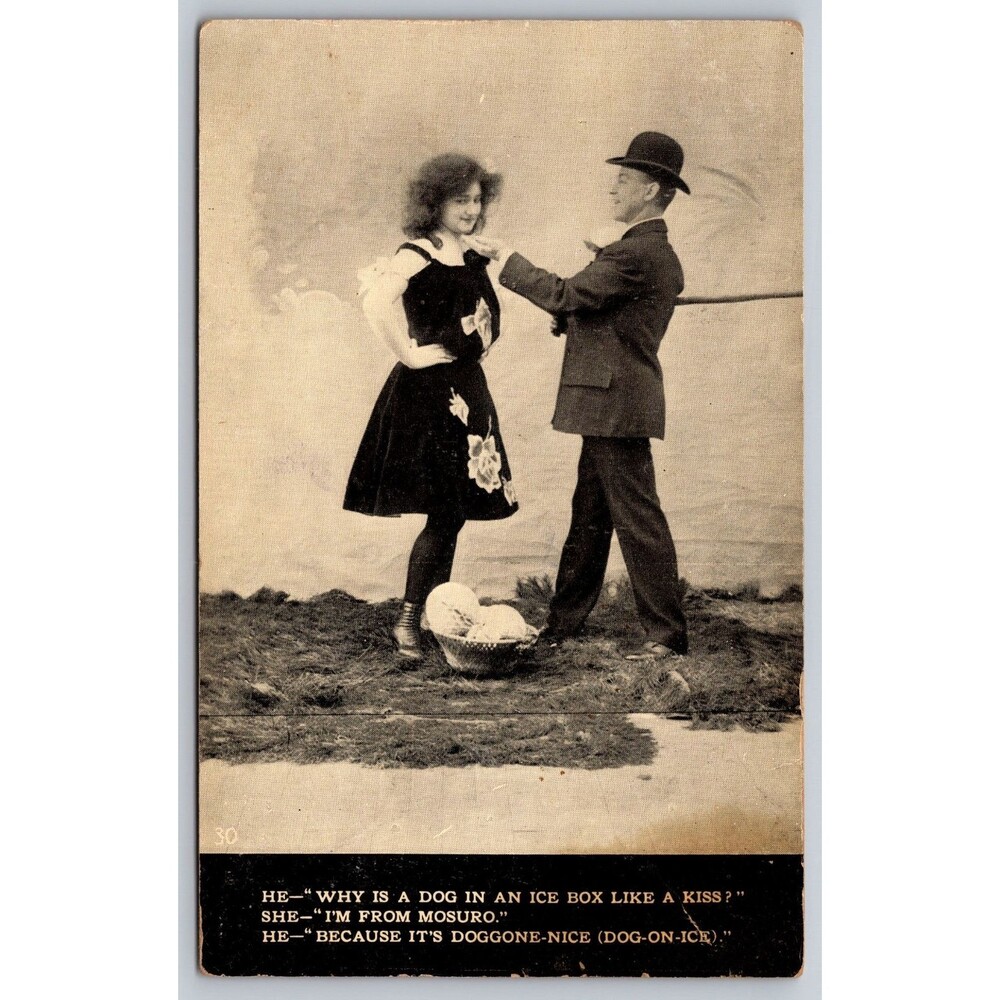 1914 Comic Postcard Argos Indiana Alta Dudgeon Dog-on-Ice Riddle Joke Antique